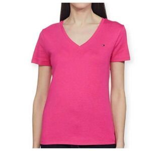 TOMMY HILFIGER PINK V-NECK T-SHIRT SZ.L EUC .